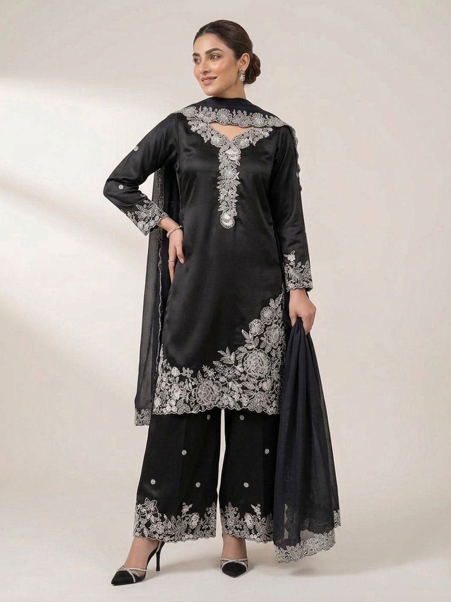 Black Party Palazzo Suit With Dupatta In Organza