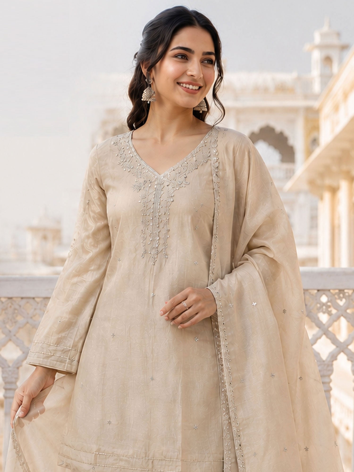 Beige Pakistani Style Salwar Suit Set In Silk