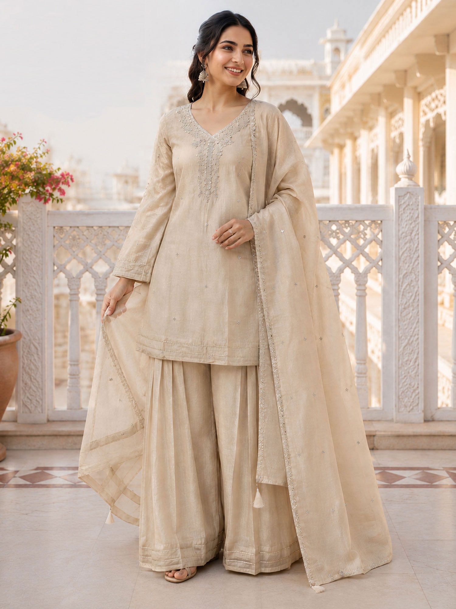 Beige Pakistani Style Salwar Suit Set In Silk