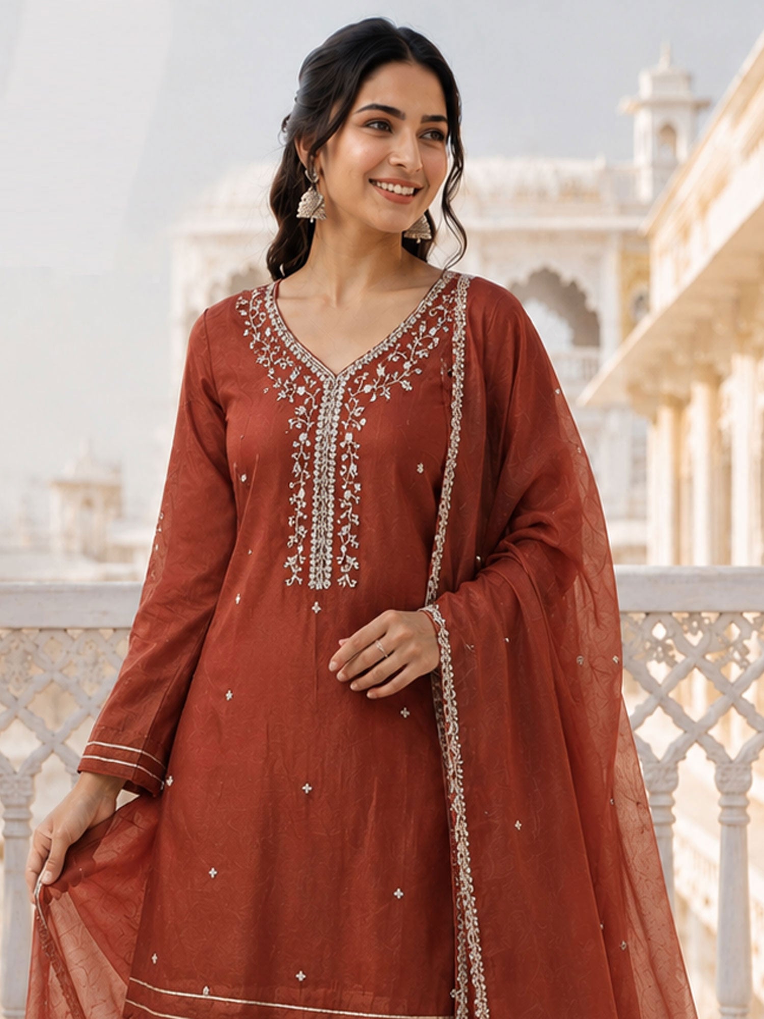 Dark Rust Floral Augmented Party Palazzo Suit
