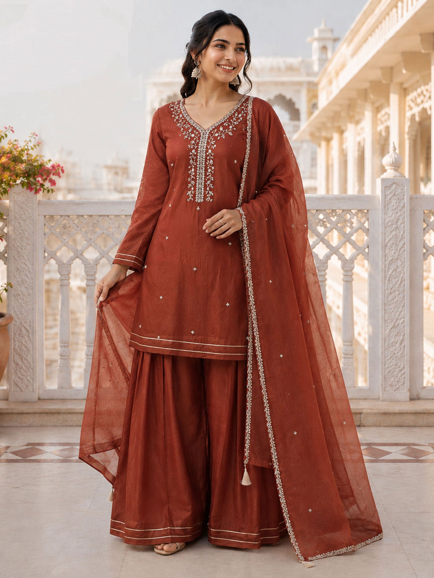 Dark Rust Floral Augmented Party Palazzo Suit
