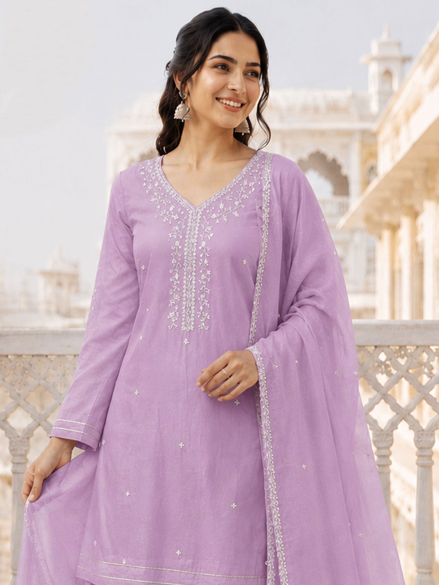 Lilac Party Palazzo Suit With Dupatta In Silk