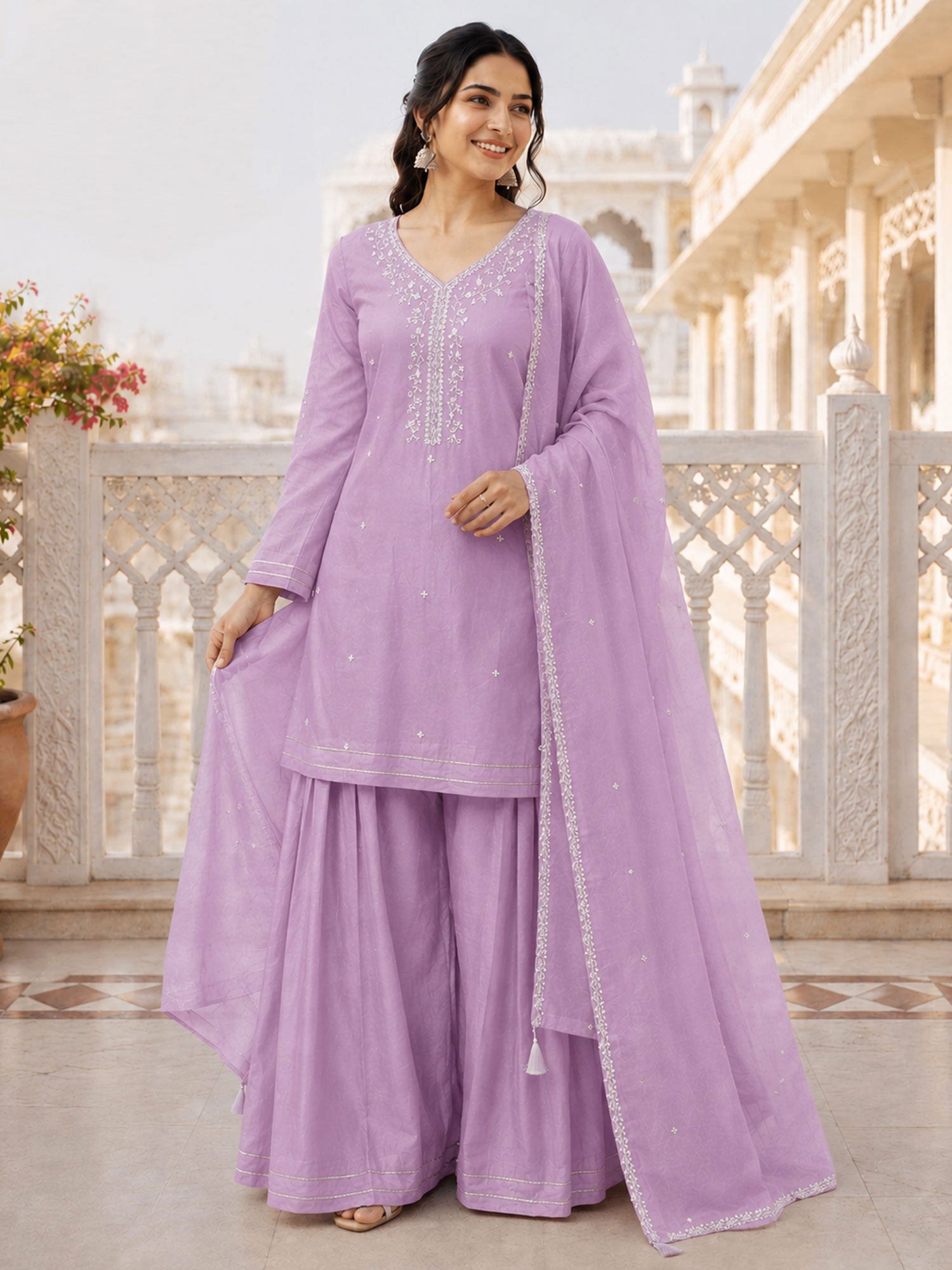 Lilac Party Palazzo Suit With Dupatta In Silk