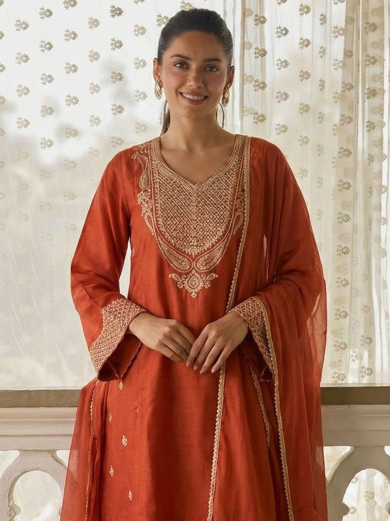 Orange Full Sleeved Festive Palazzo Suit