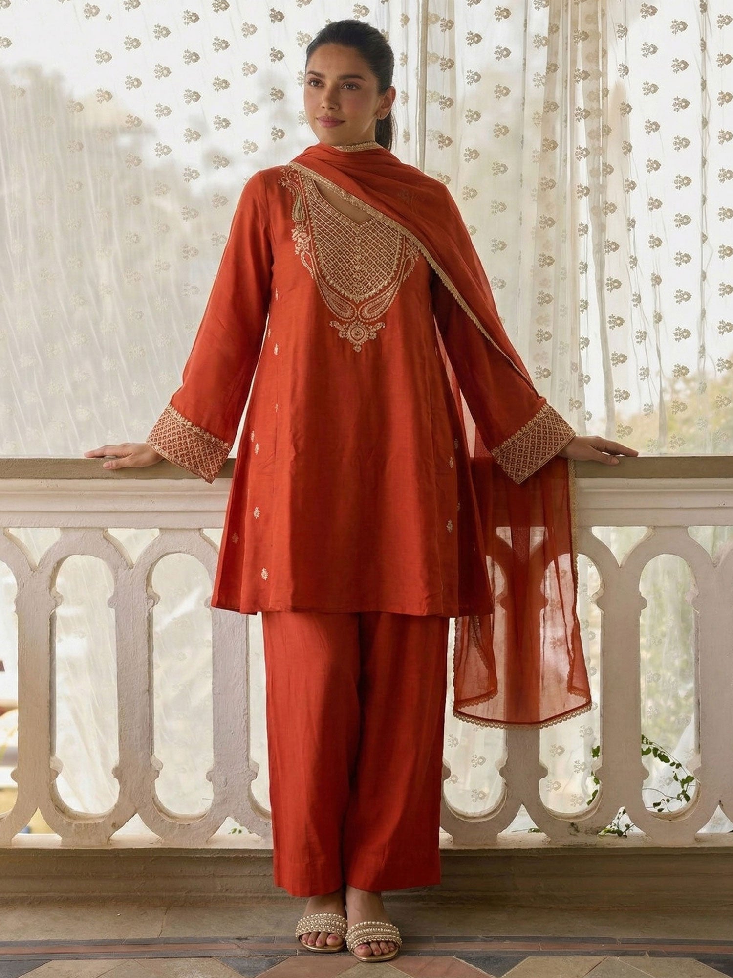 Orange Full Sleeved Festive Palazzo Suit