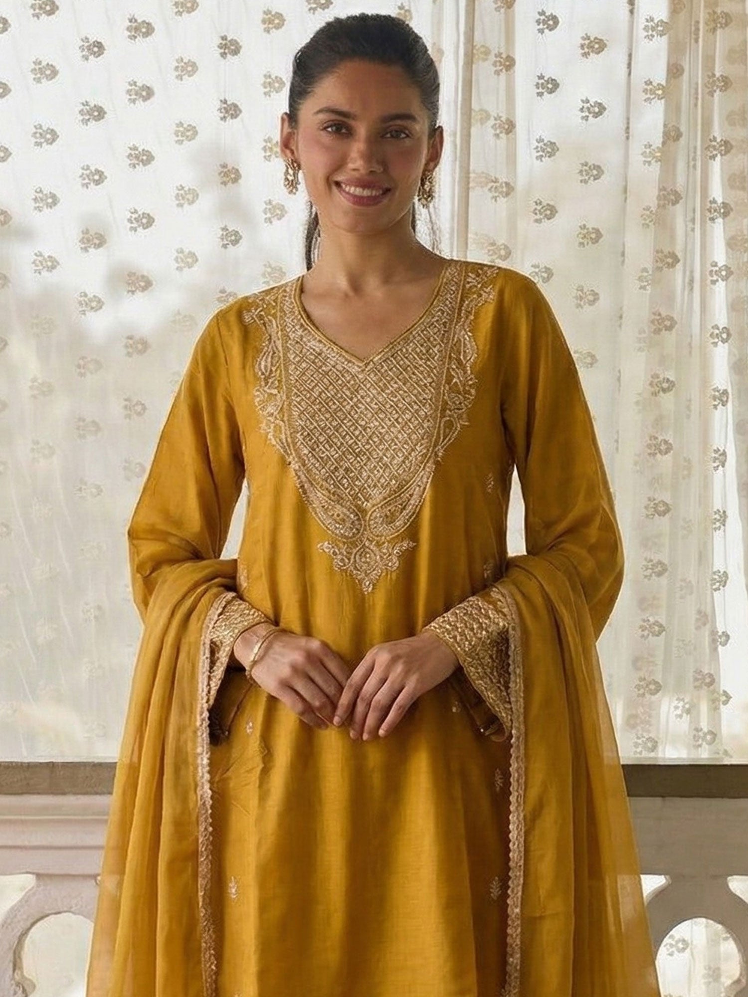 Yellow Cotton Silk Palazzo Suit With Dupatta
