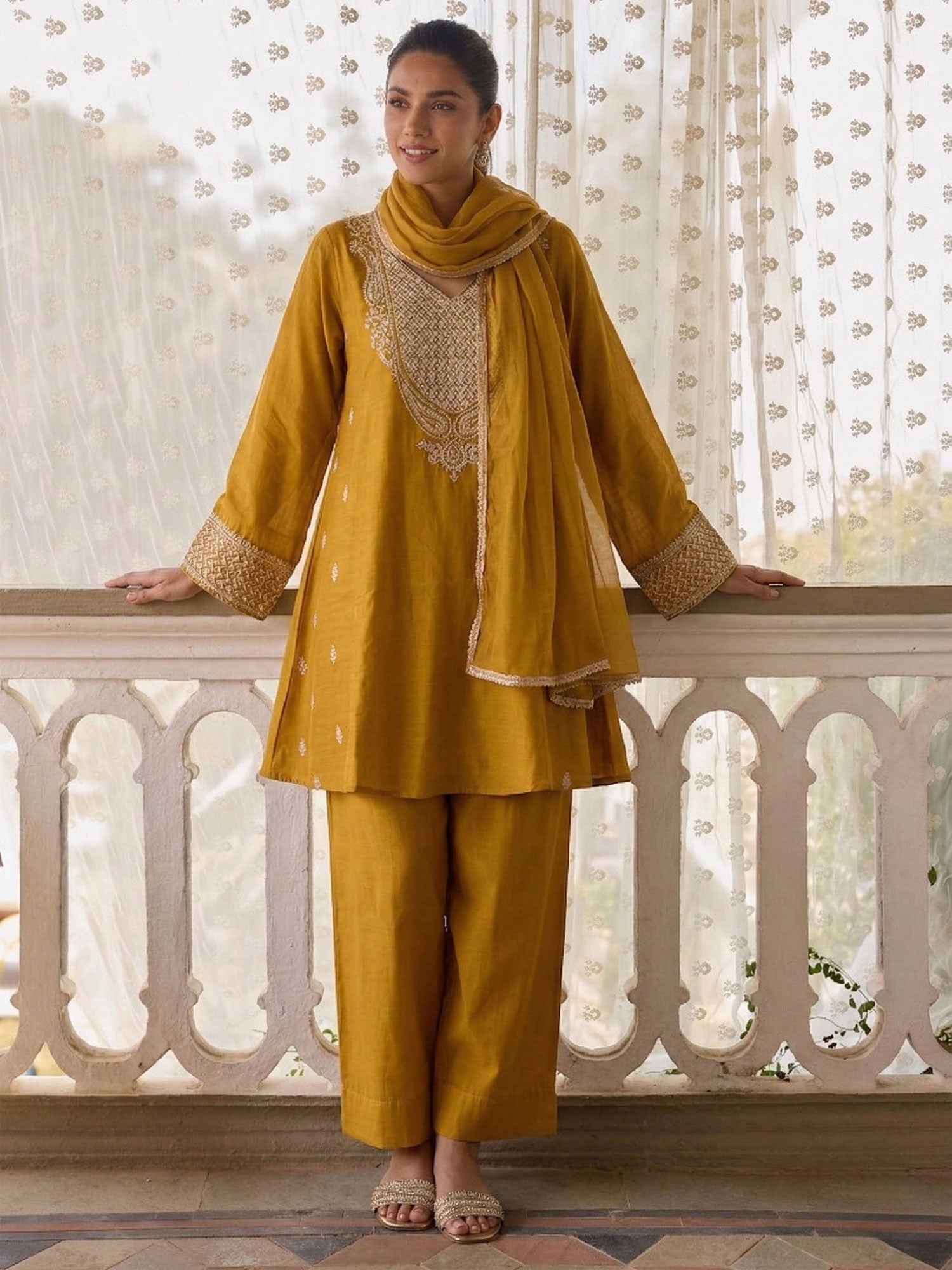 Yellow Cotton Silk Palazzo Suit With Dupatta