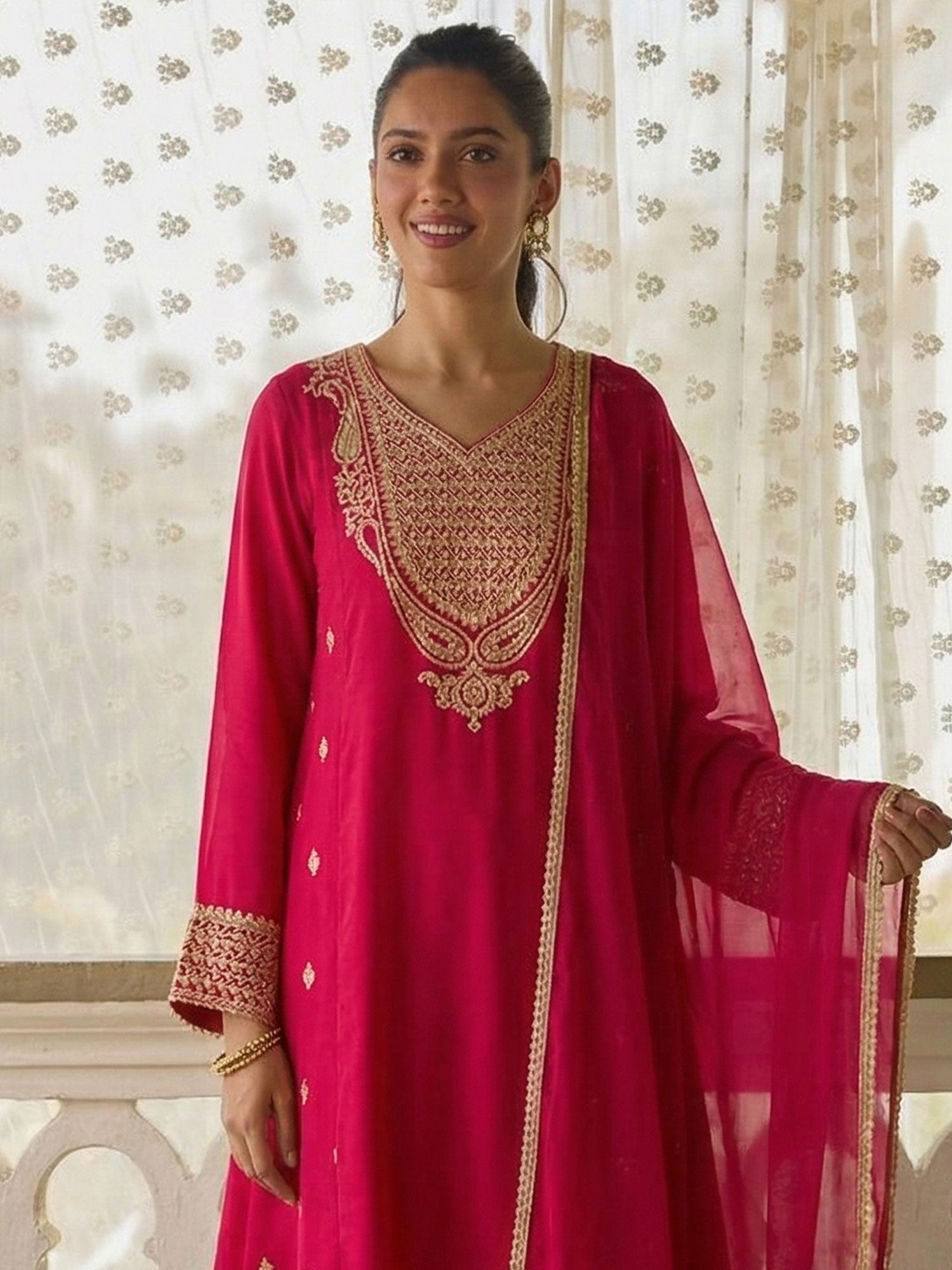Rani Pink Silk Salwar Suit With Net Dupatta