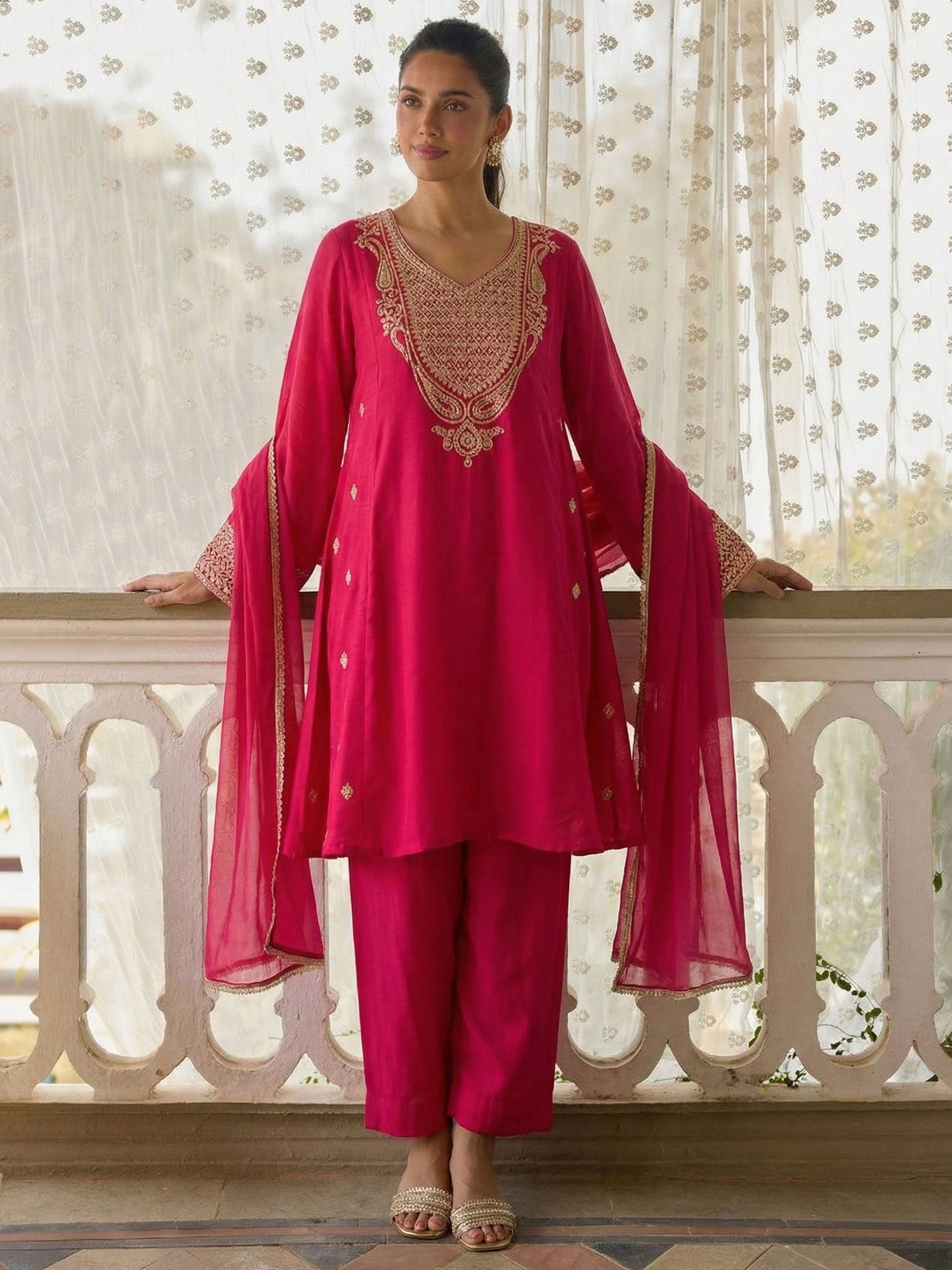 Rani Pink Silk Salwar Suit With Net Dupatta