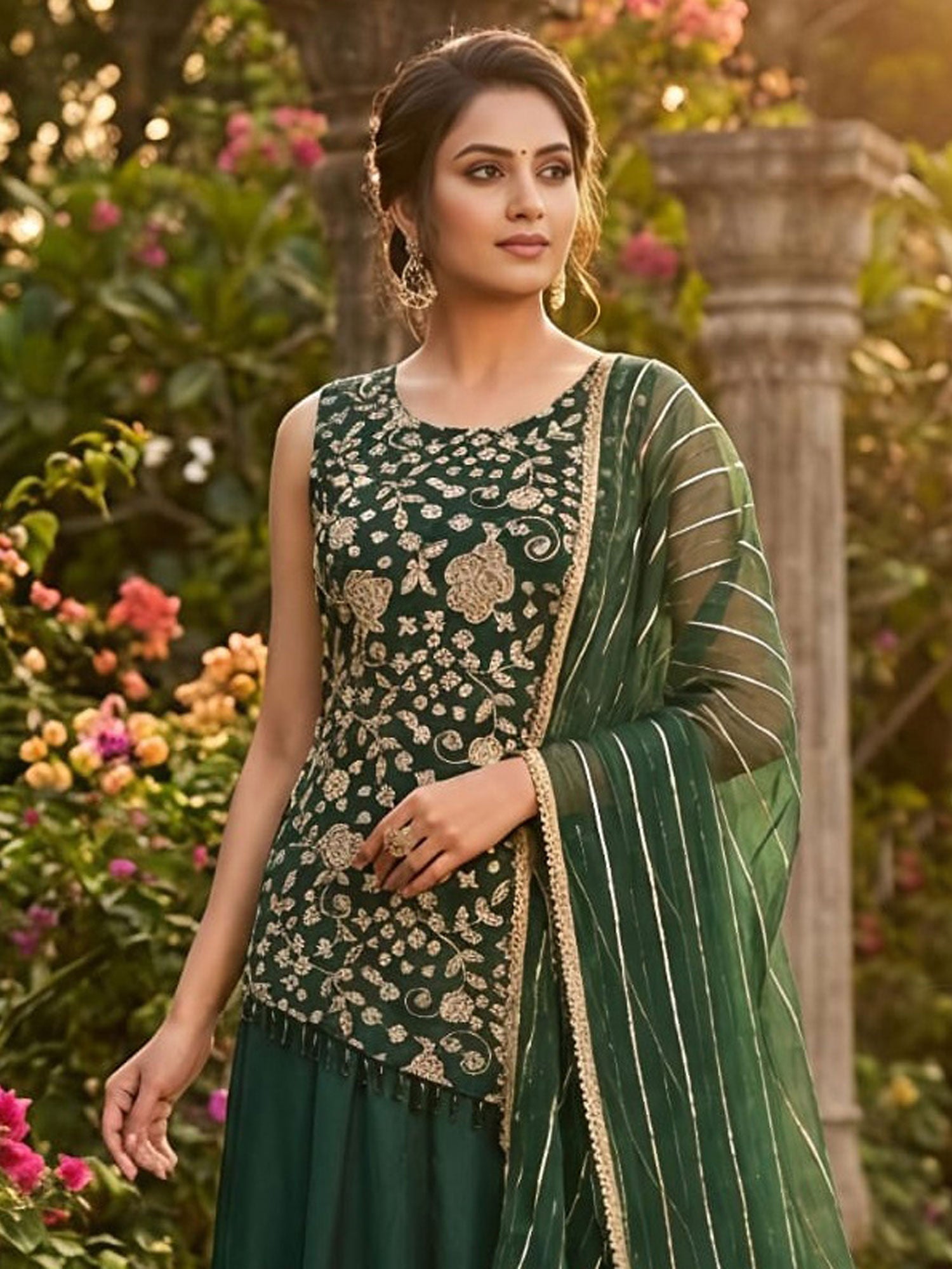 Green Floral Augmented Festive Palazzo Suit