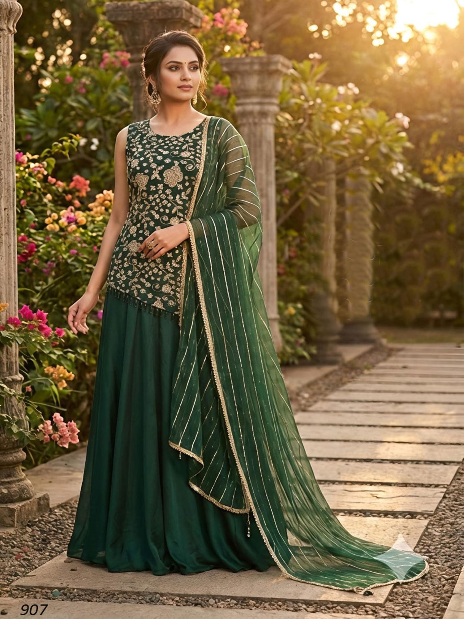 Green Floral Augmented Festive Palazzo Suit