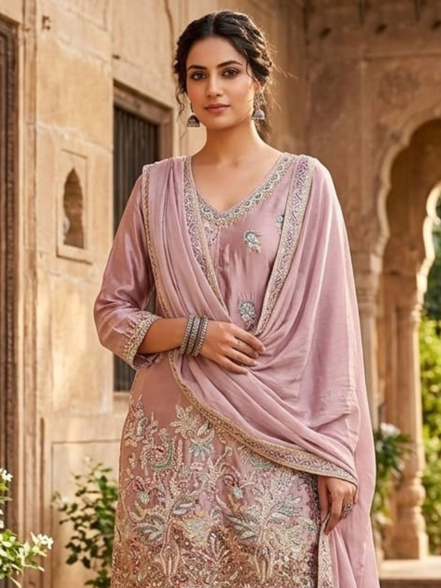 Lilac Thread Work Palazzo Suit With Dupatta