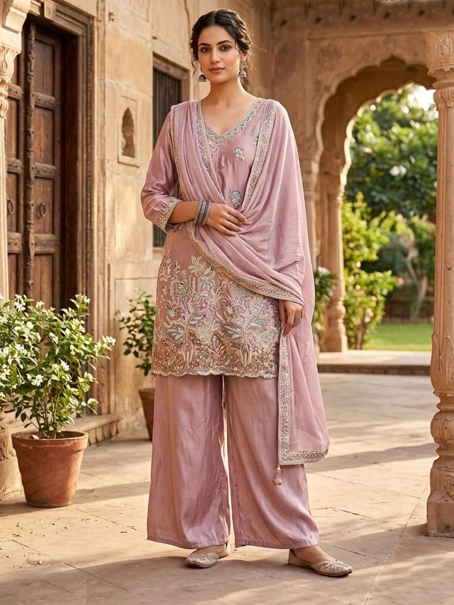 Lilac Thread Work Palazzo Suit With Dupatta