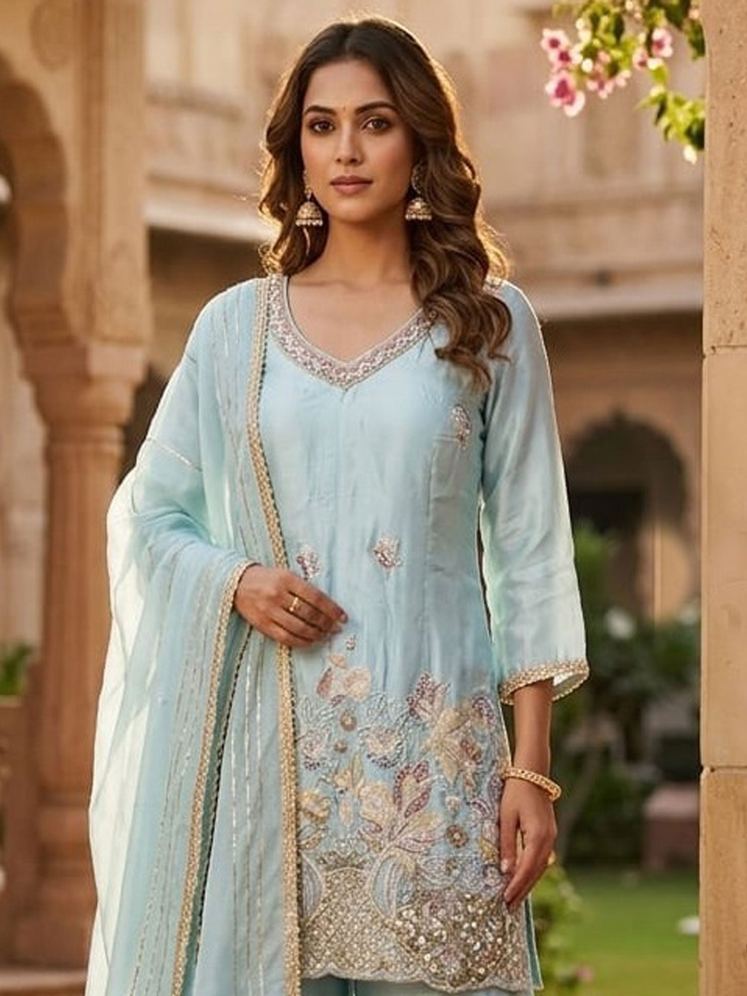 Blue Silk Palazzo Style Salwar Suit With Dupatta