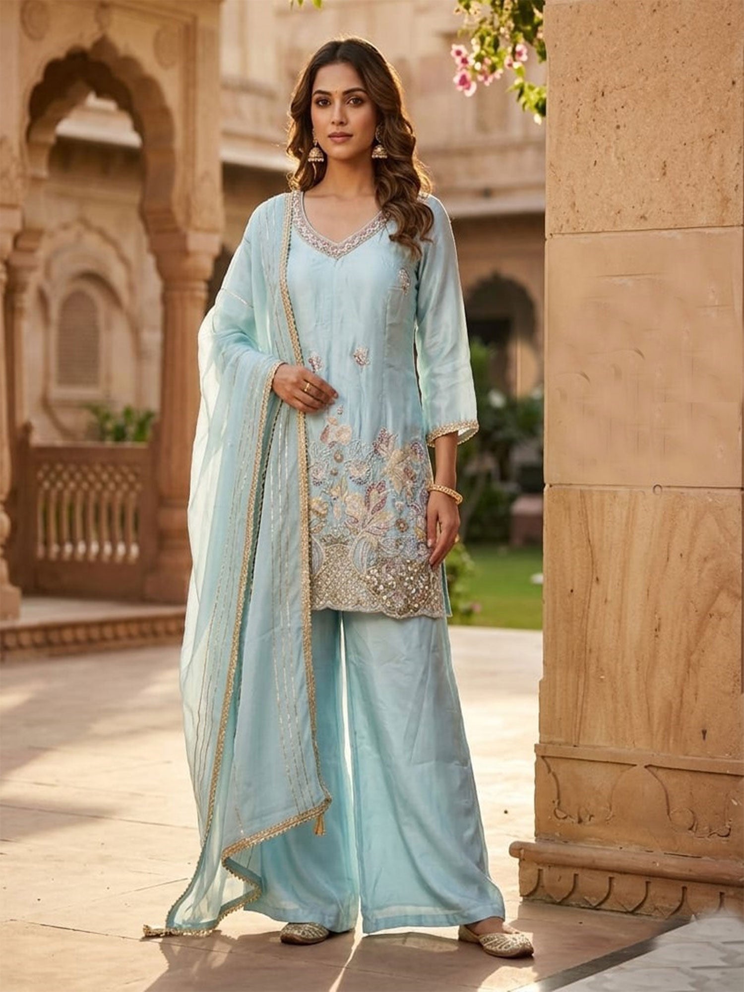 Blue Silk Palazzo Style Salwar Suit With Dupatta