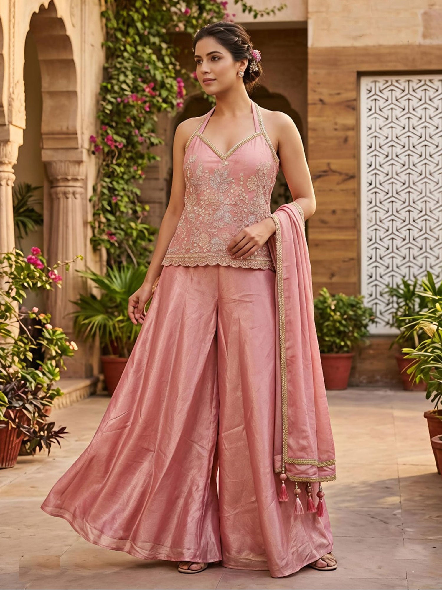 Pink Heavy Embroidered Palazzo Suit In Silk