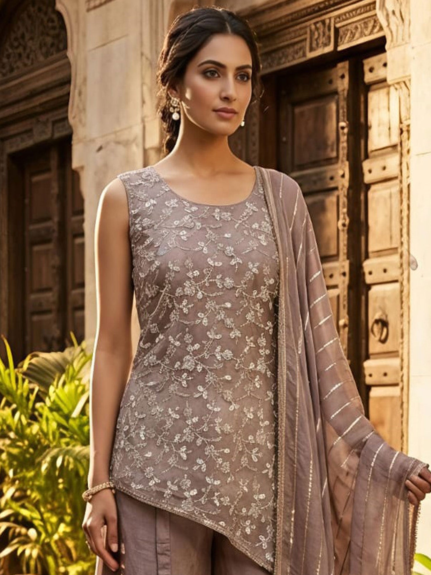 Brown Embroidered Salwar Suit In Palazzo Style