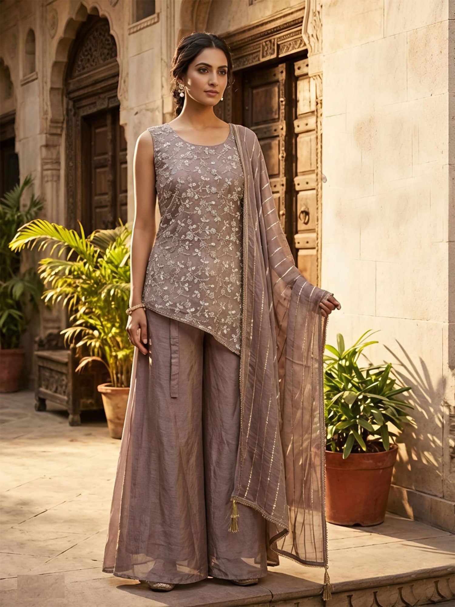 Brown Embroidered Salwar Suit In Palazzo Style