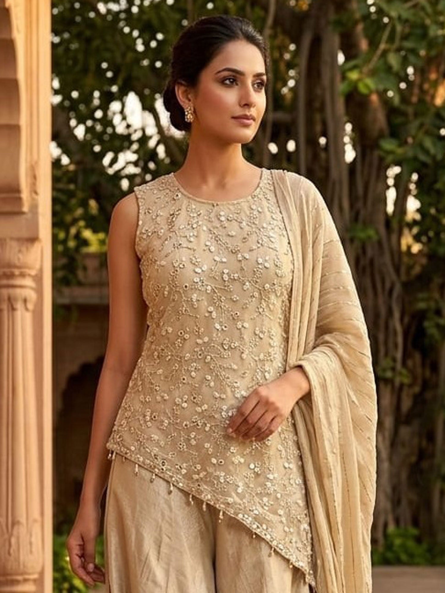 Cream Punjabi Style Salwar Kameez With Dupatta
