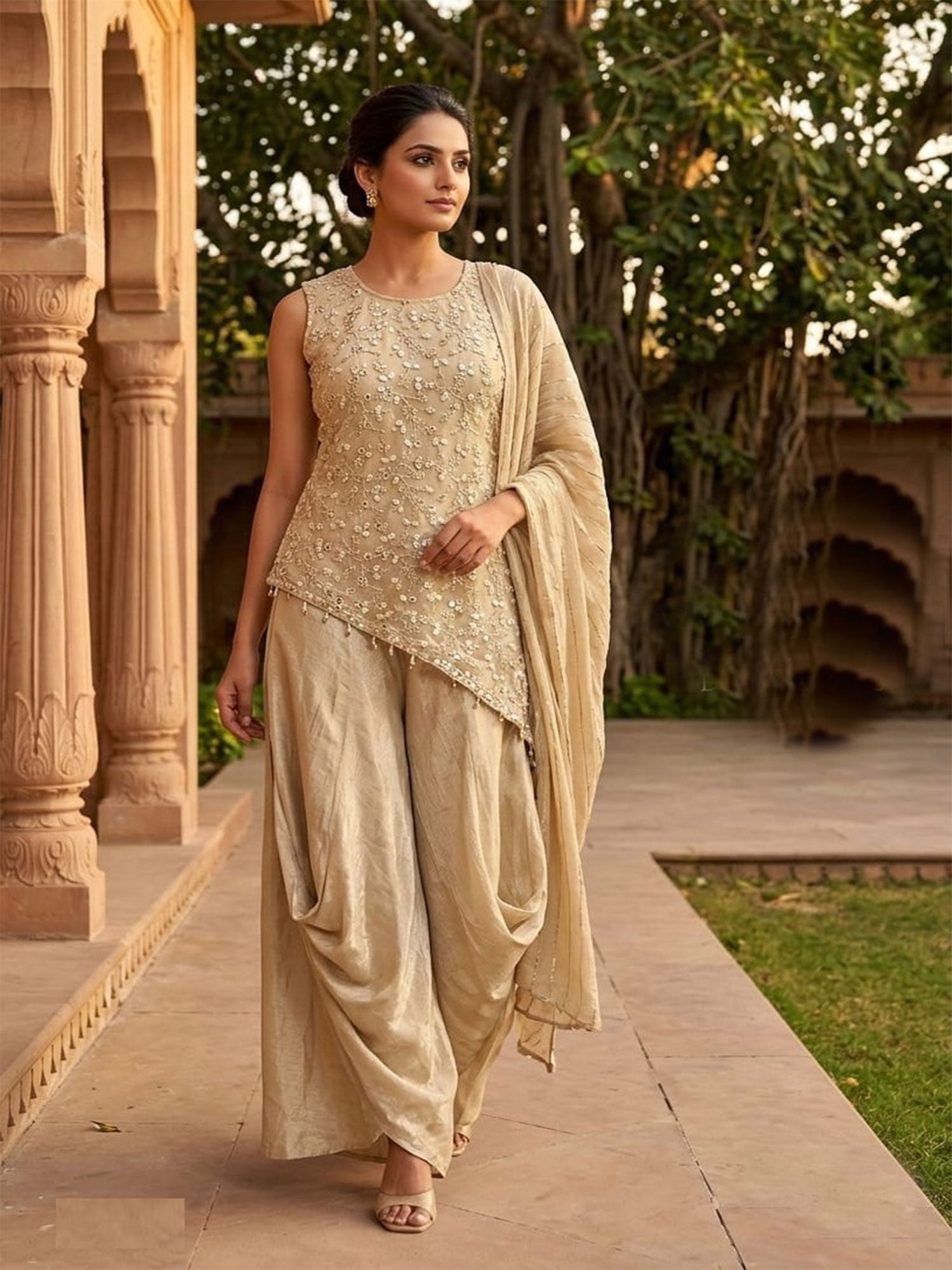 Cream Punjabi Style Salwar Kameez With Dupatta