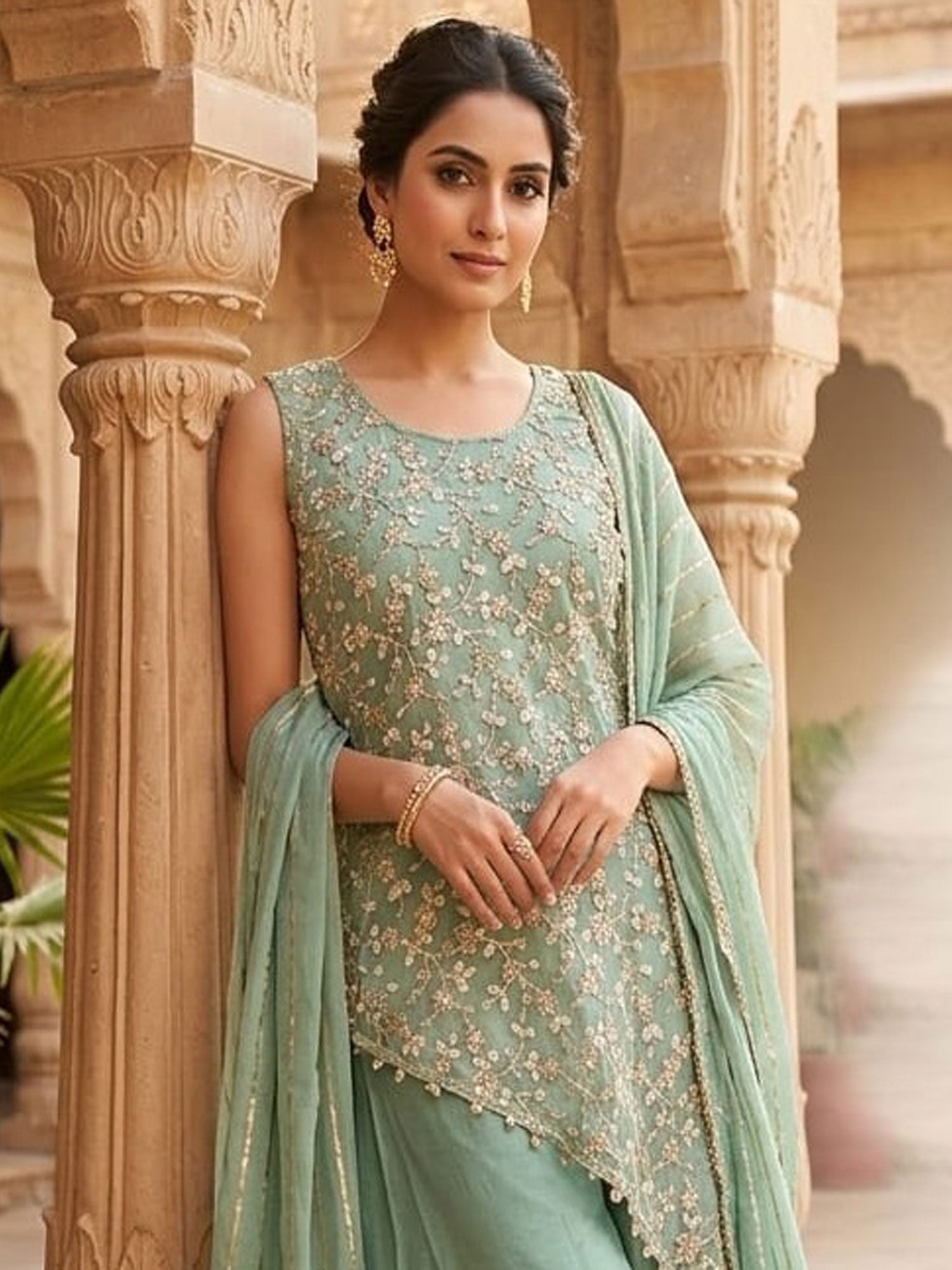 Sea Green Silk Salwar Kameez In Heavy Embroidery