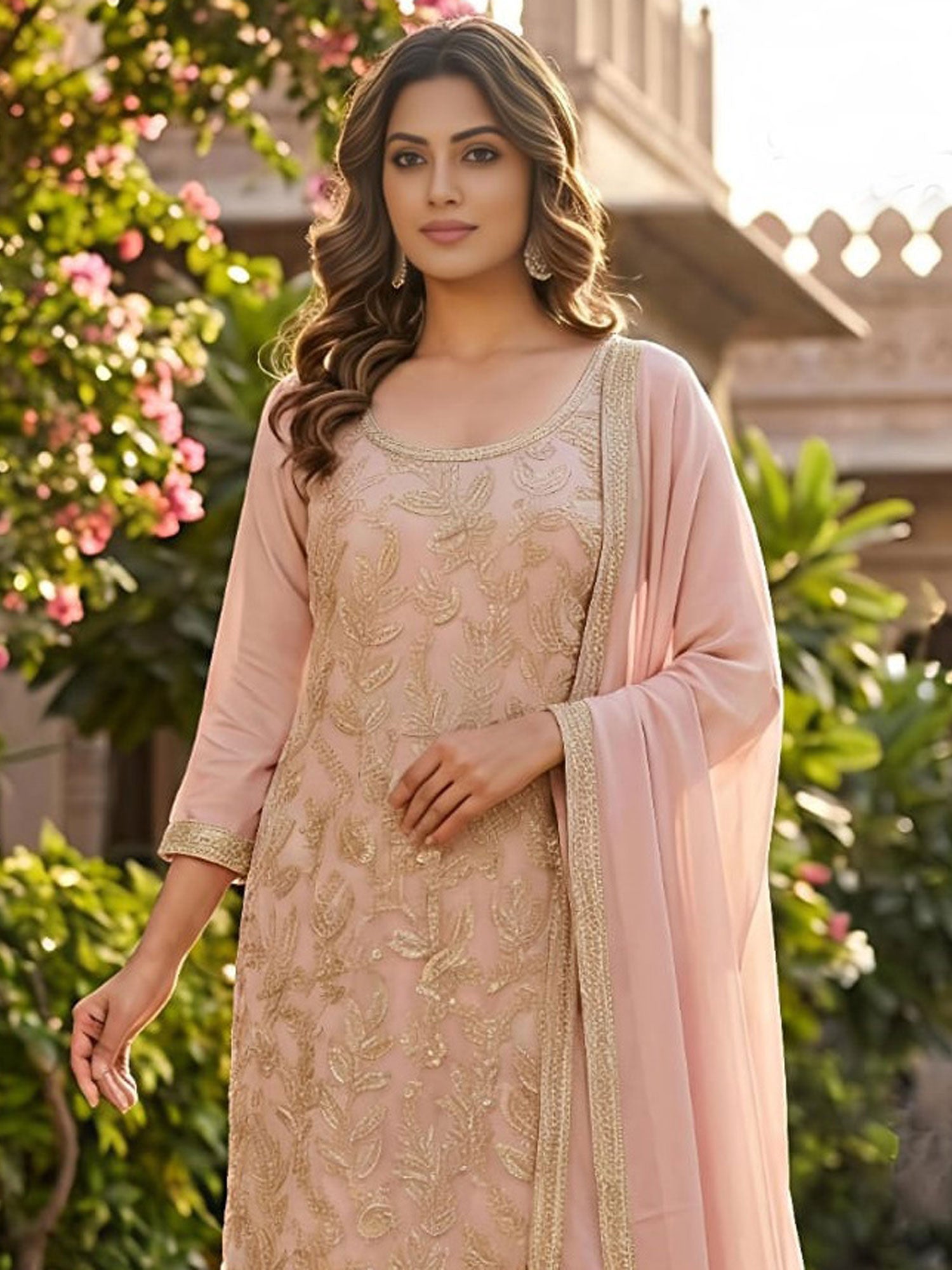 Light Pink Georgette Palazzo Style Salwar Kameez
