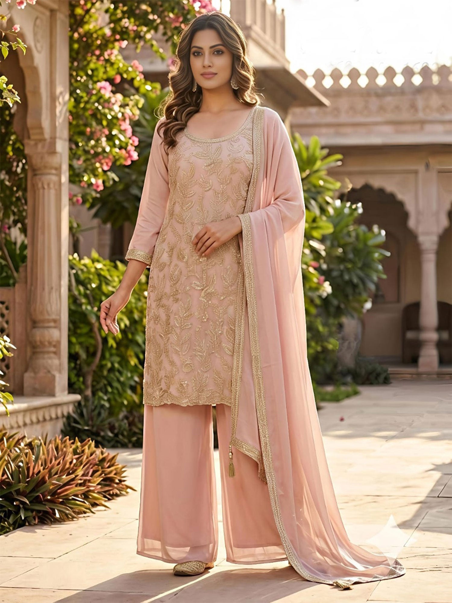 Light Pink Georgette Palazzo Style Salwar Kameez
