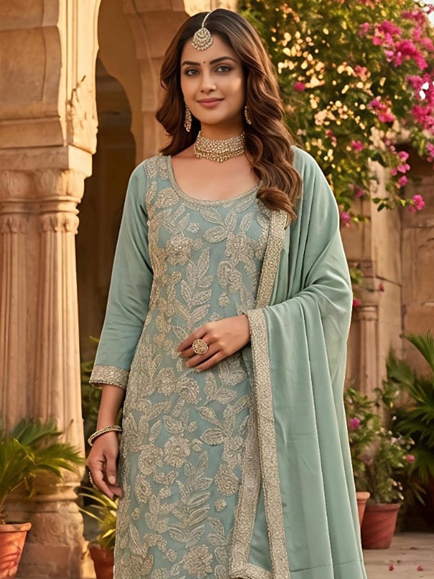 Green Readymade Georgette Salwar Kameez
