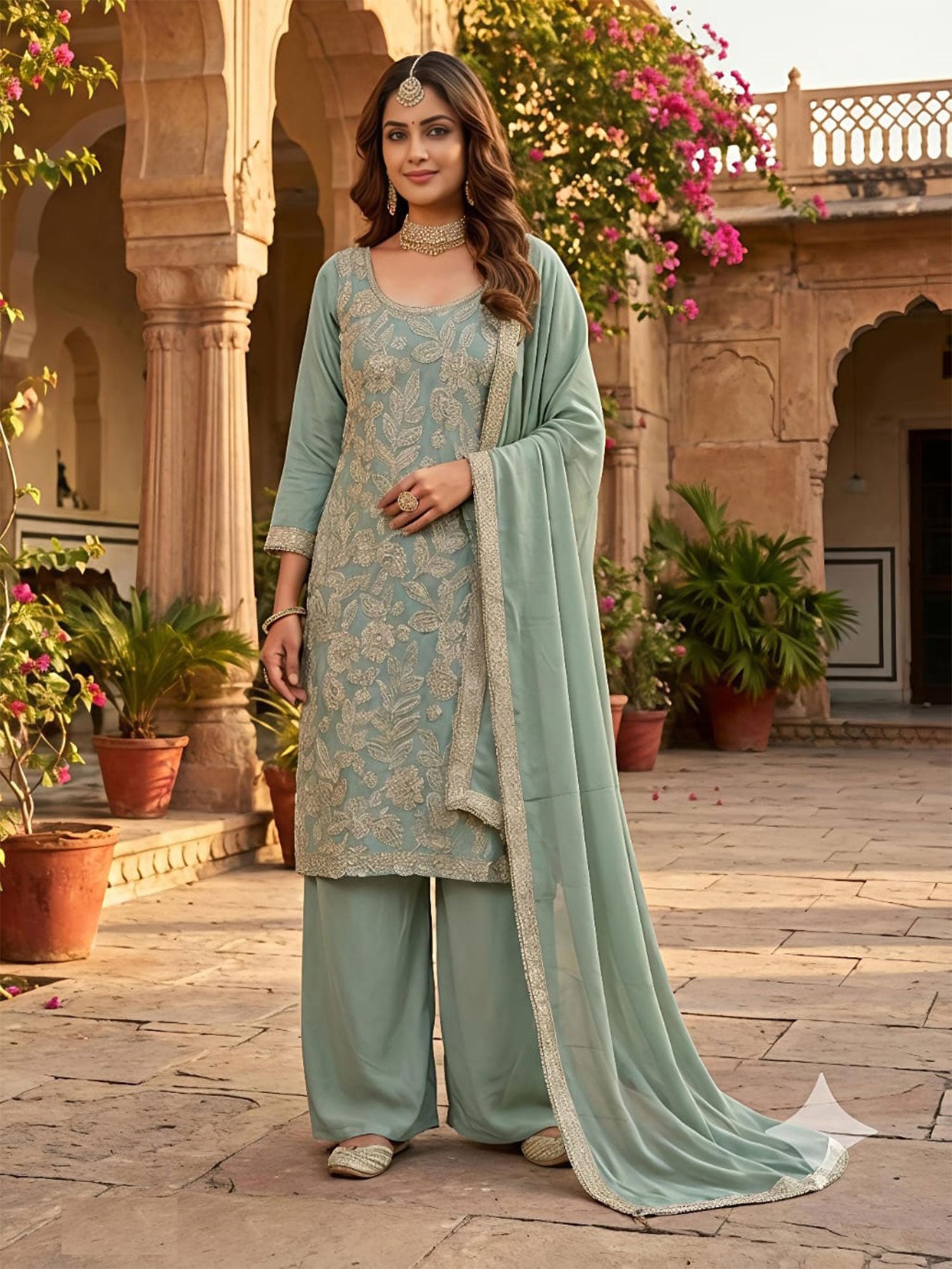 Green Readymade Georgette Salwar Kameez