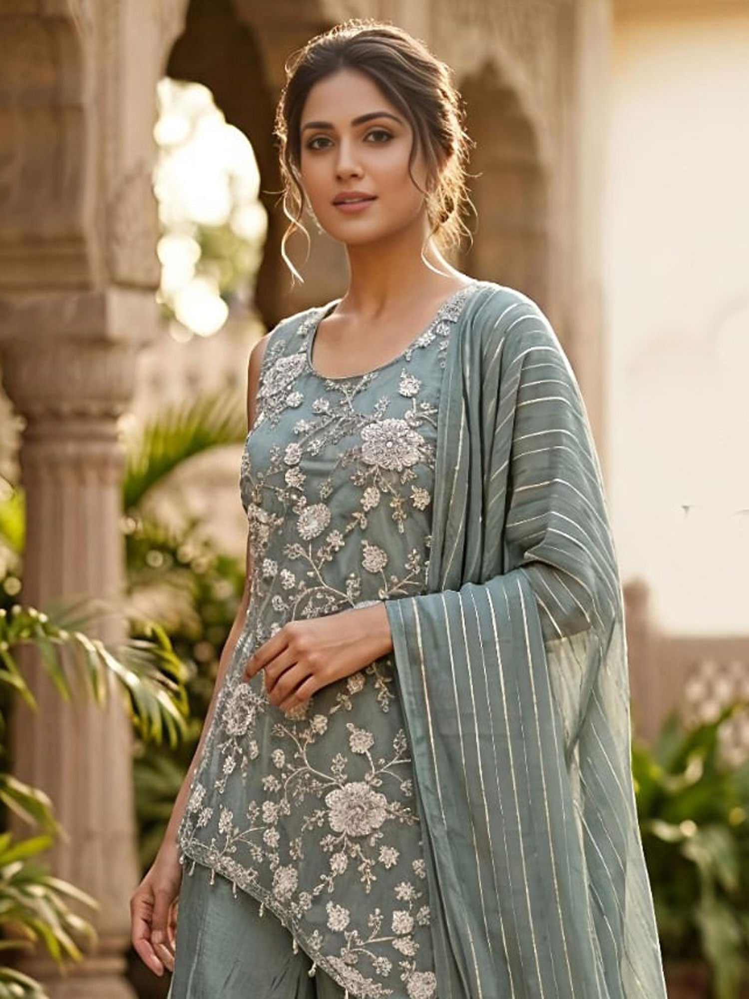 Blue Floral Thread Work Embellished Palazzo Suit