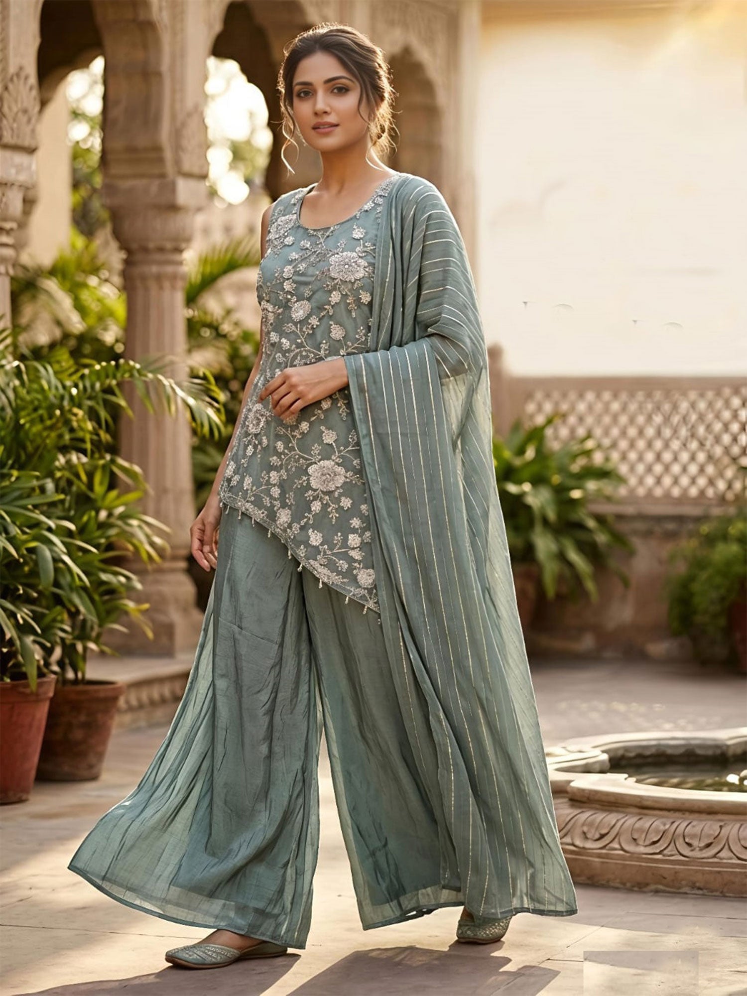Blue Floral Thread Work Embellished Palazzo Suit