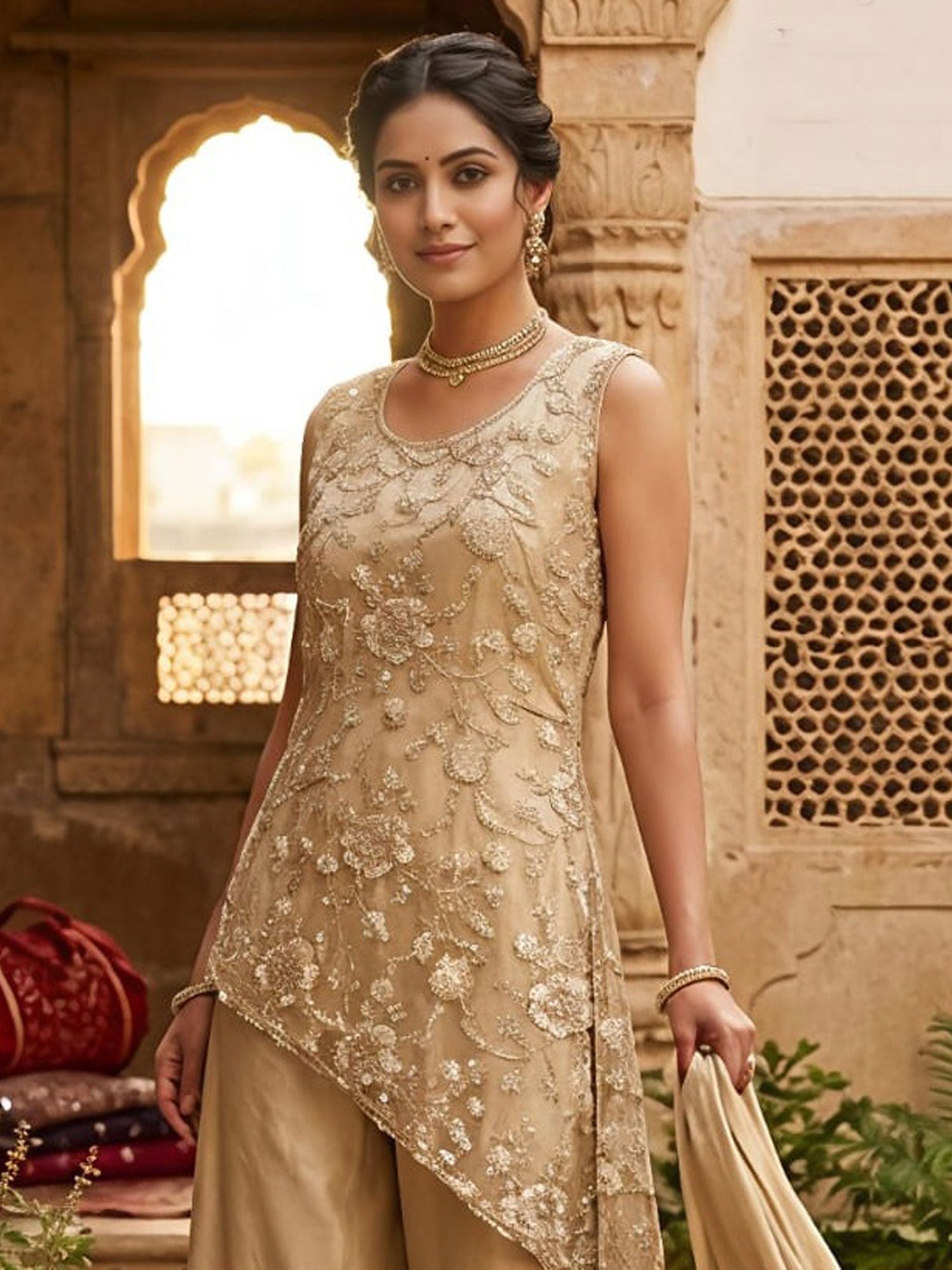 Golden Party Salwar Suit In Floral Embellishment