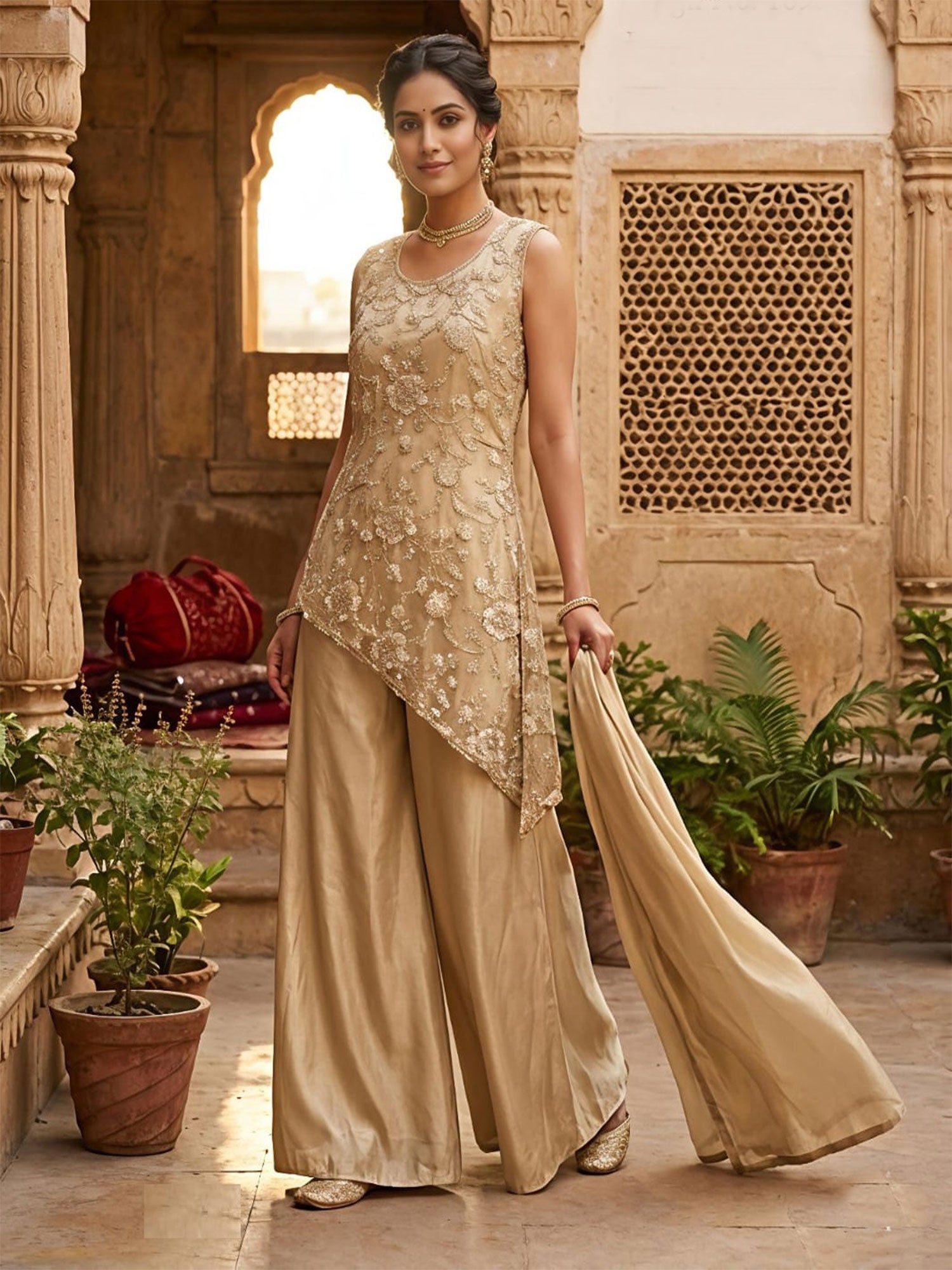 Golden Party Salwar Suit In Floral Embellishment