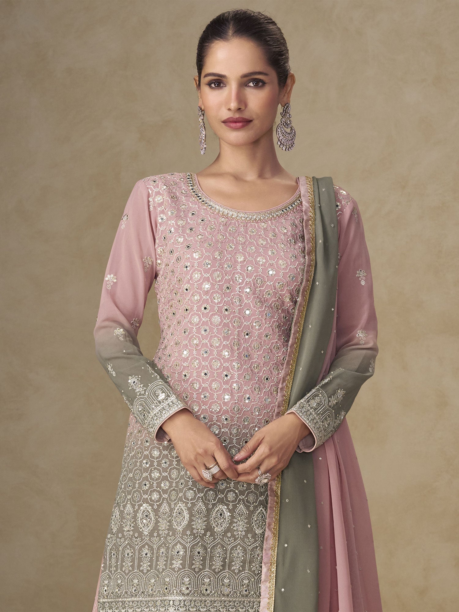 Grey And Pink Shaded Embroidered Palazzo Suit