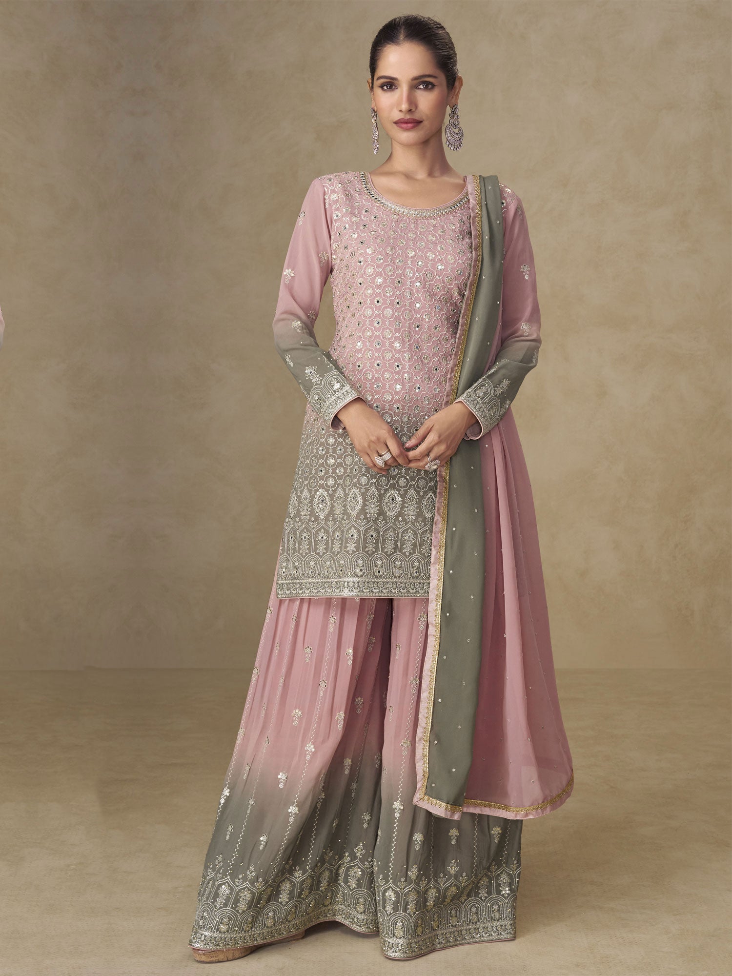 Grey And Pink Shaded Embroidered Palazzo Suit