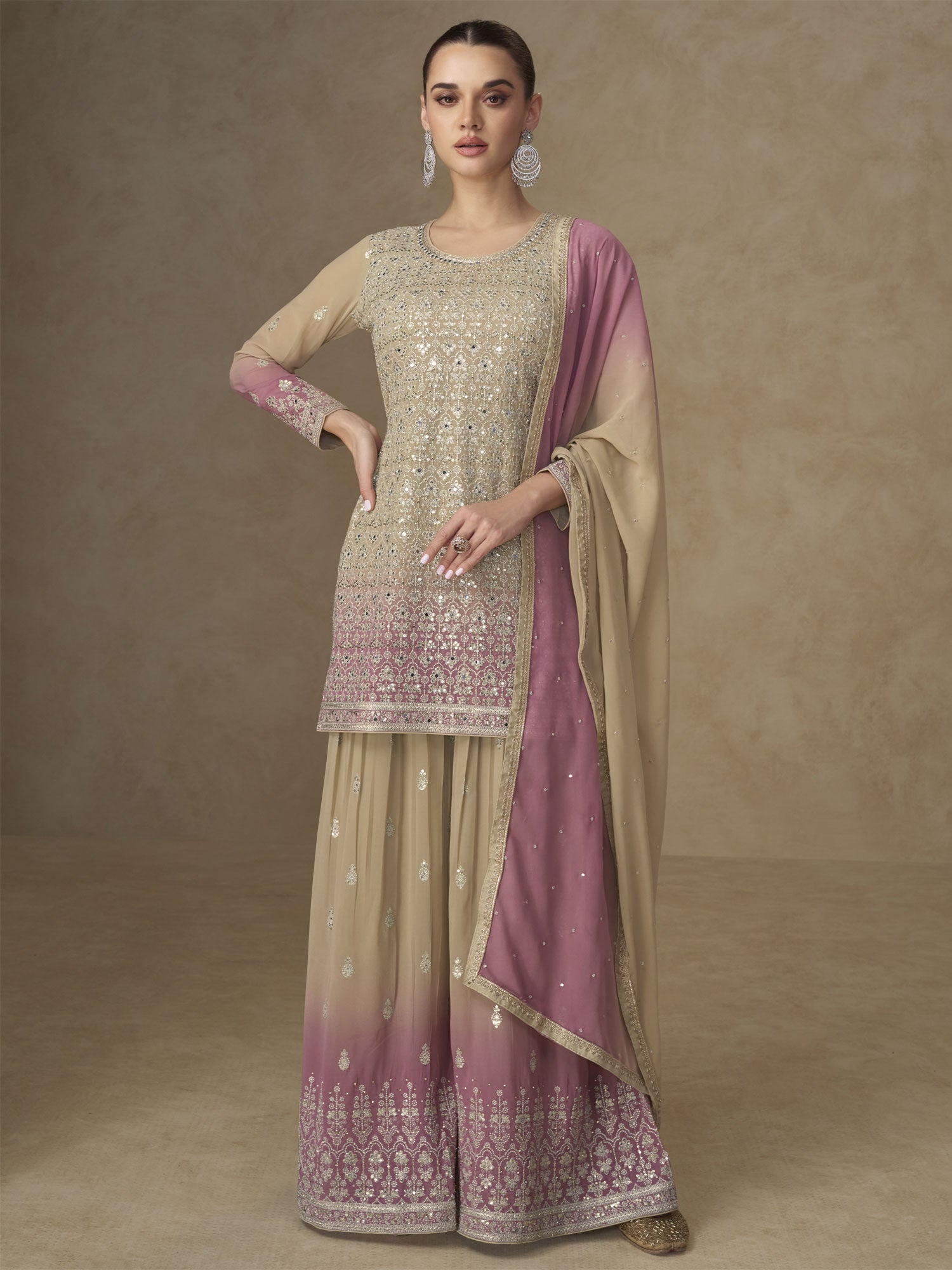 Pink And Beige Ombre Shaded Georgette Salwar Suit