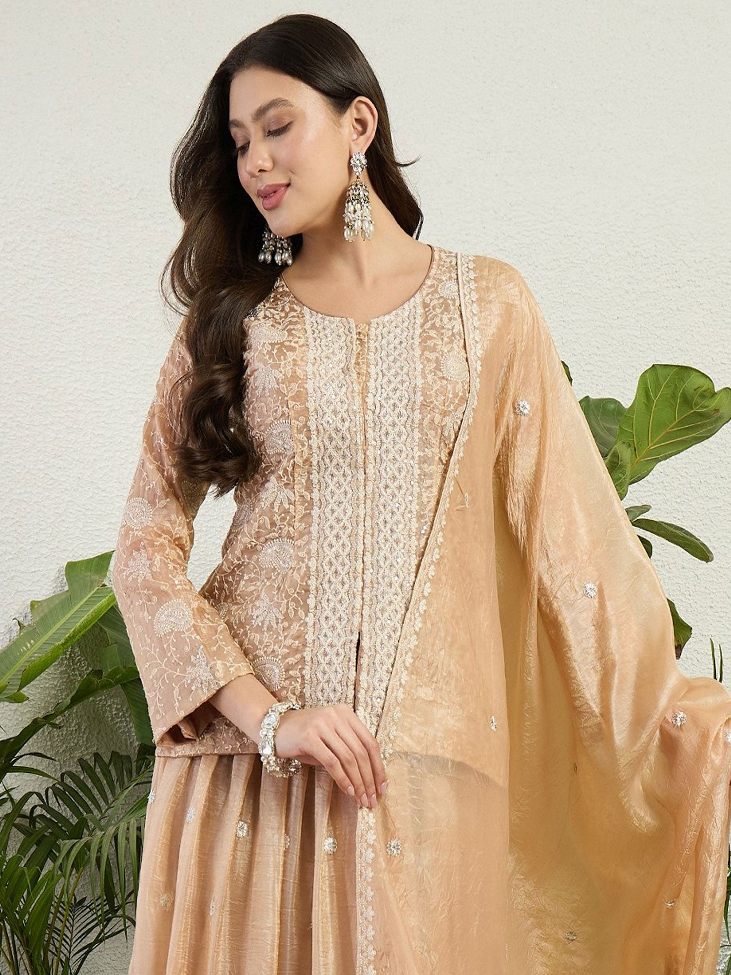 Cream Organza Palazzo Suit With Straight Kameez