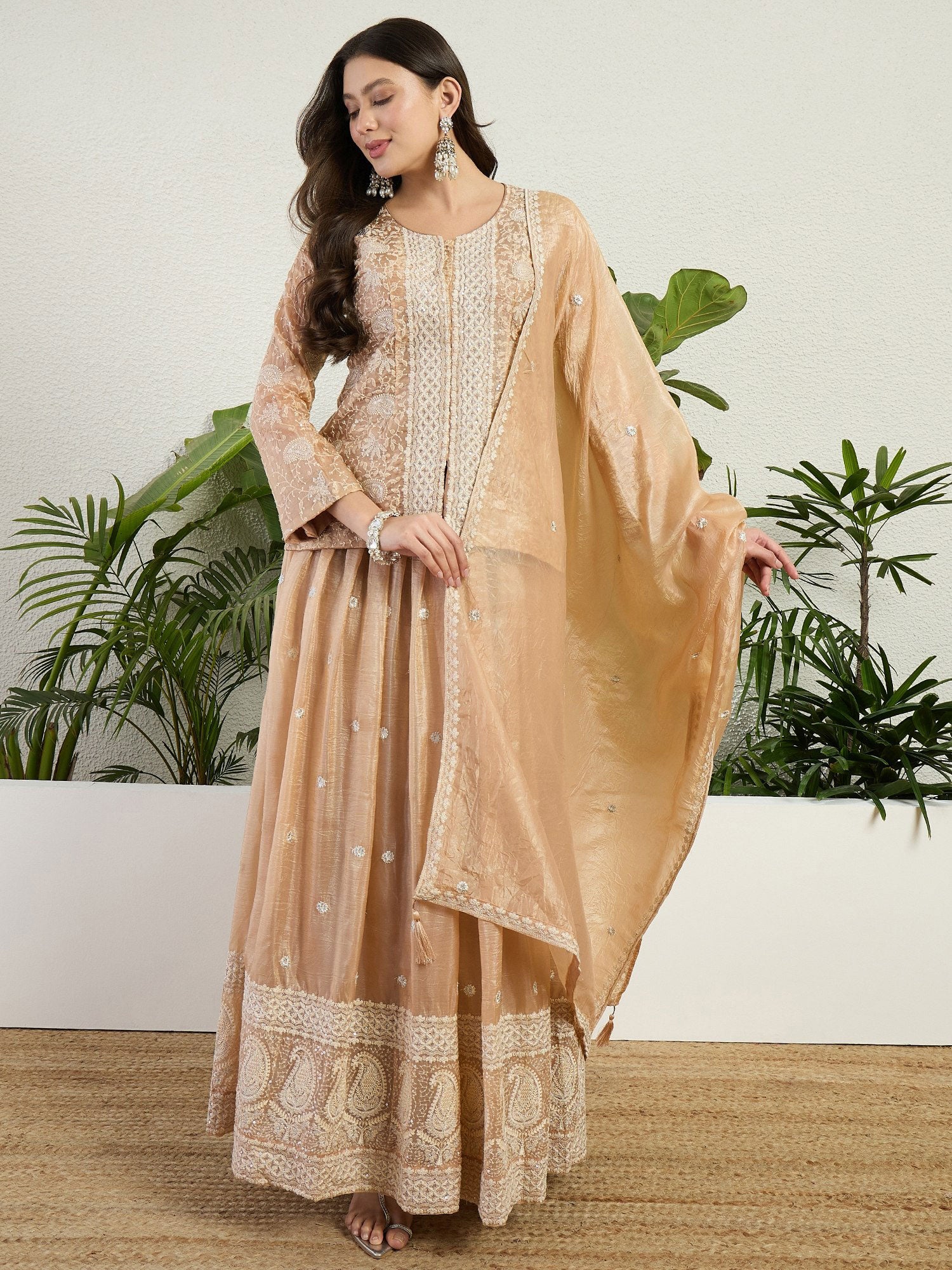 Cream Organza Palazzo Suit With Straight Kameez