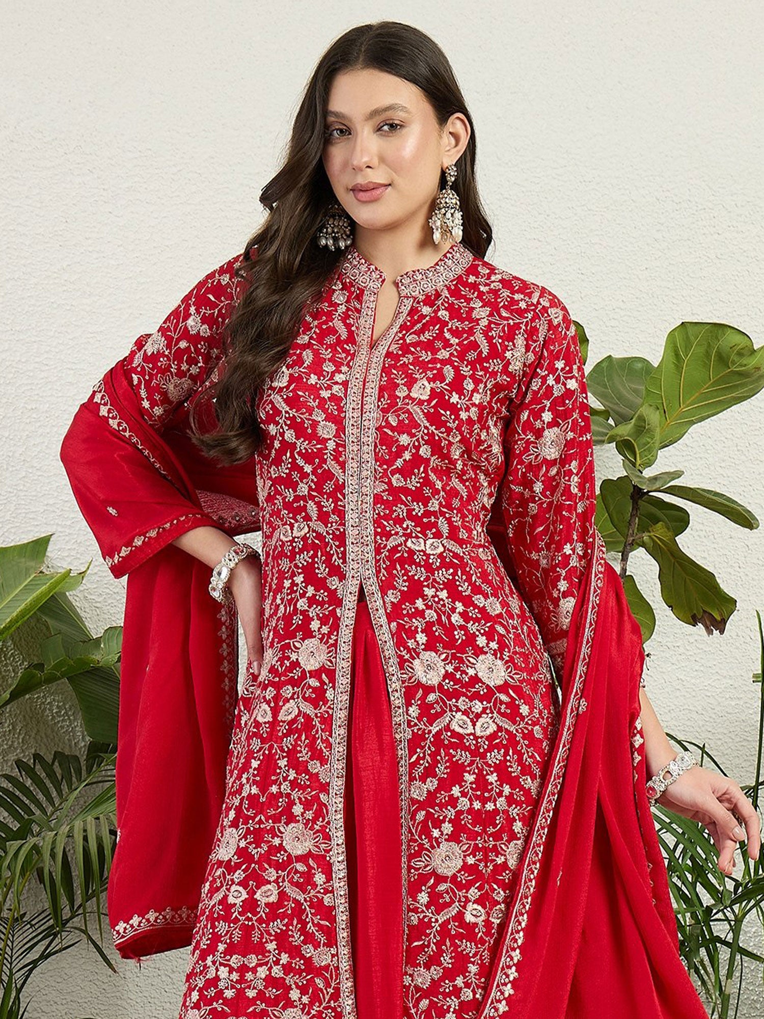 Red Sequins Work Augmented Salwar Suit In Silk
