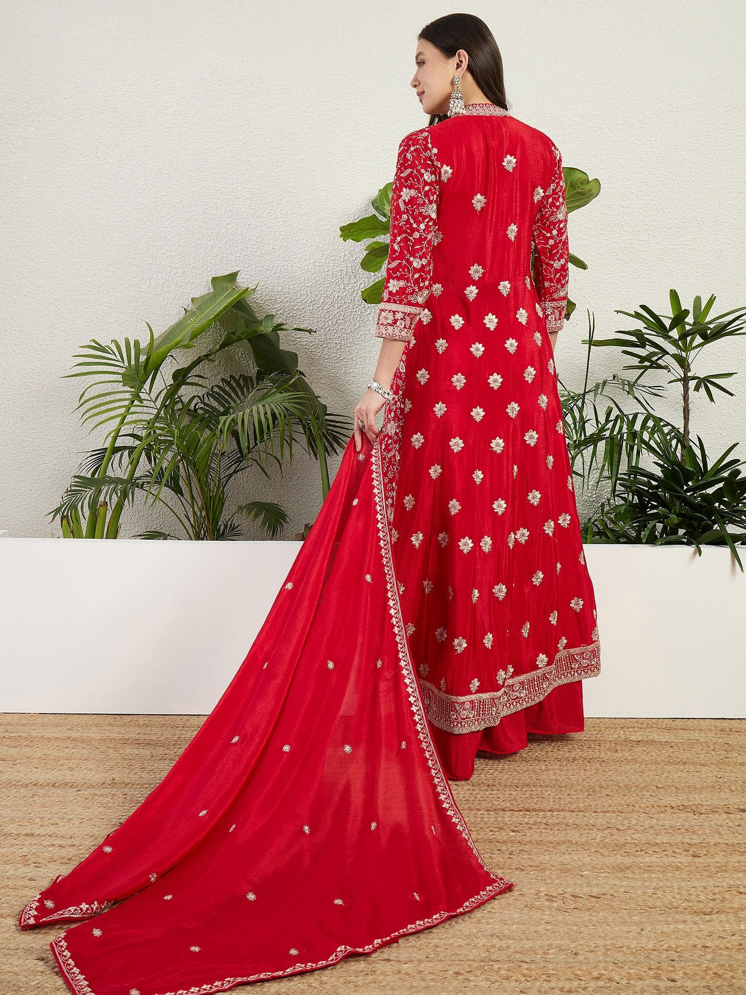 Red Sequins Work Augmented Salwar Suit In Silk