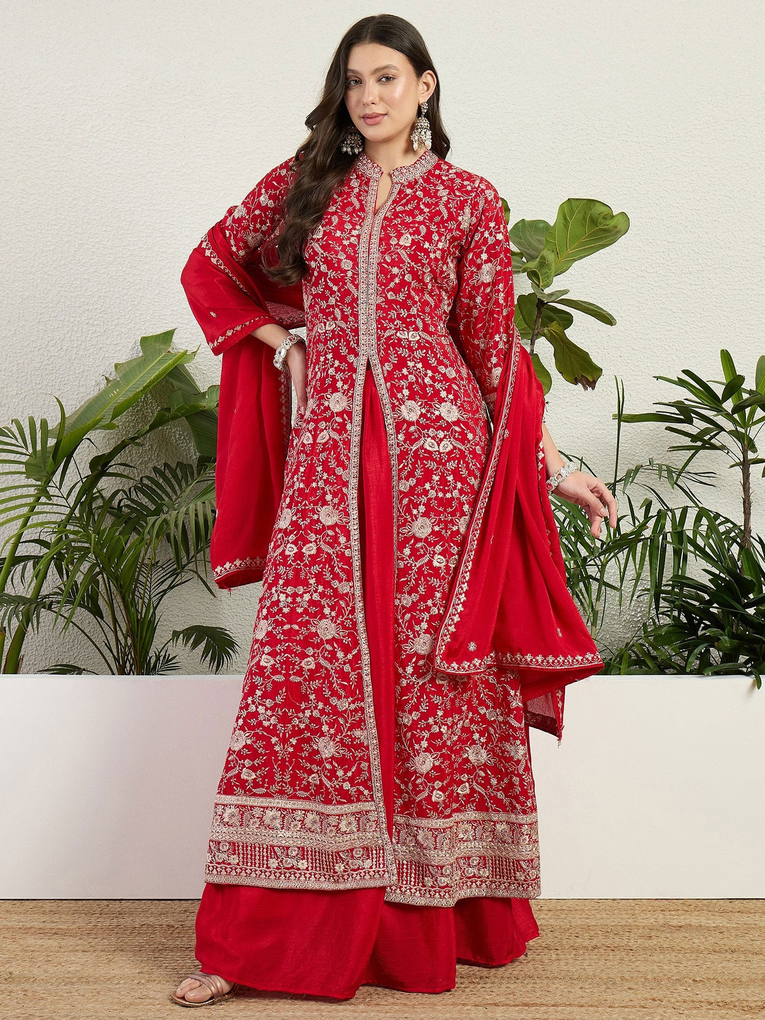 Red Sequins Work Augmented Salwar Suit In Silk