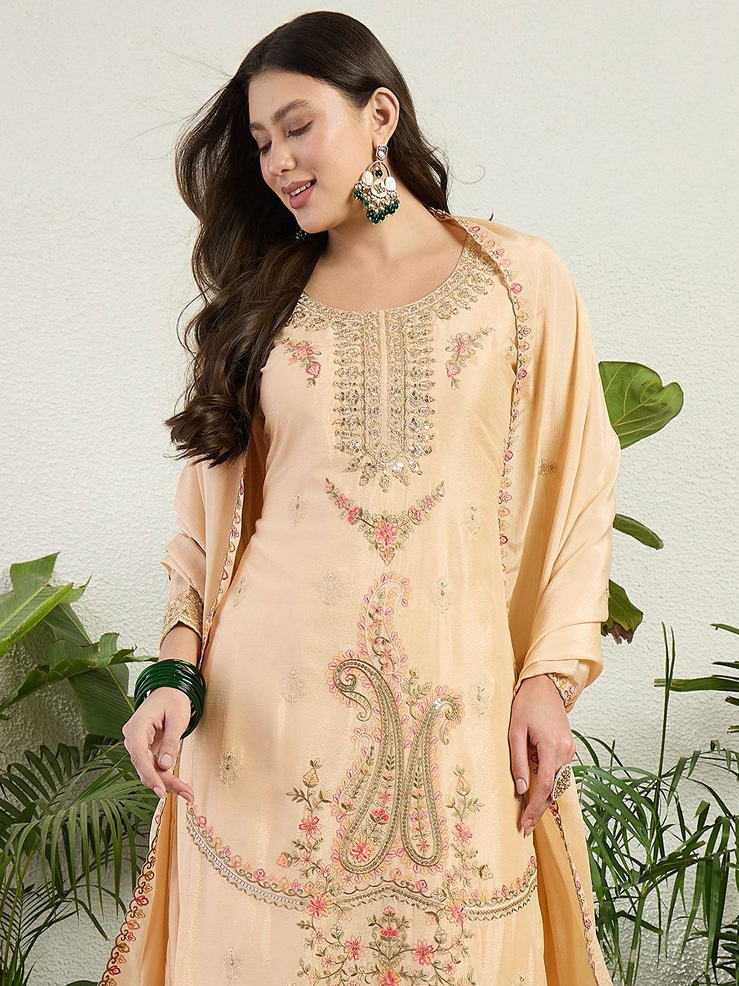 Ivory Cream Floral Thread Work Palazzo Suit Set