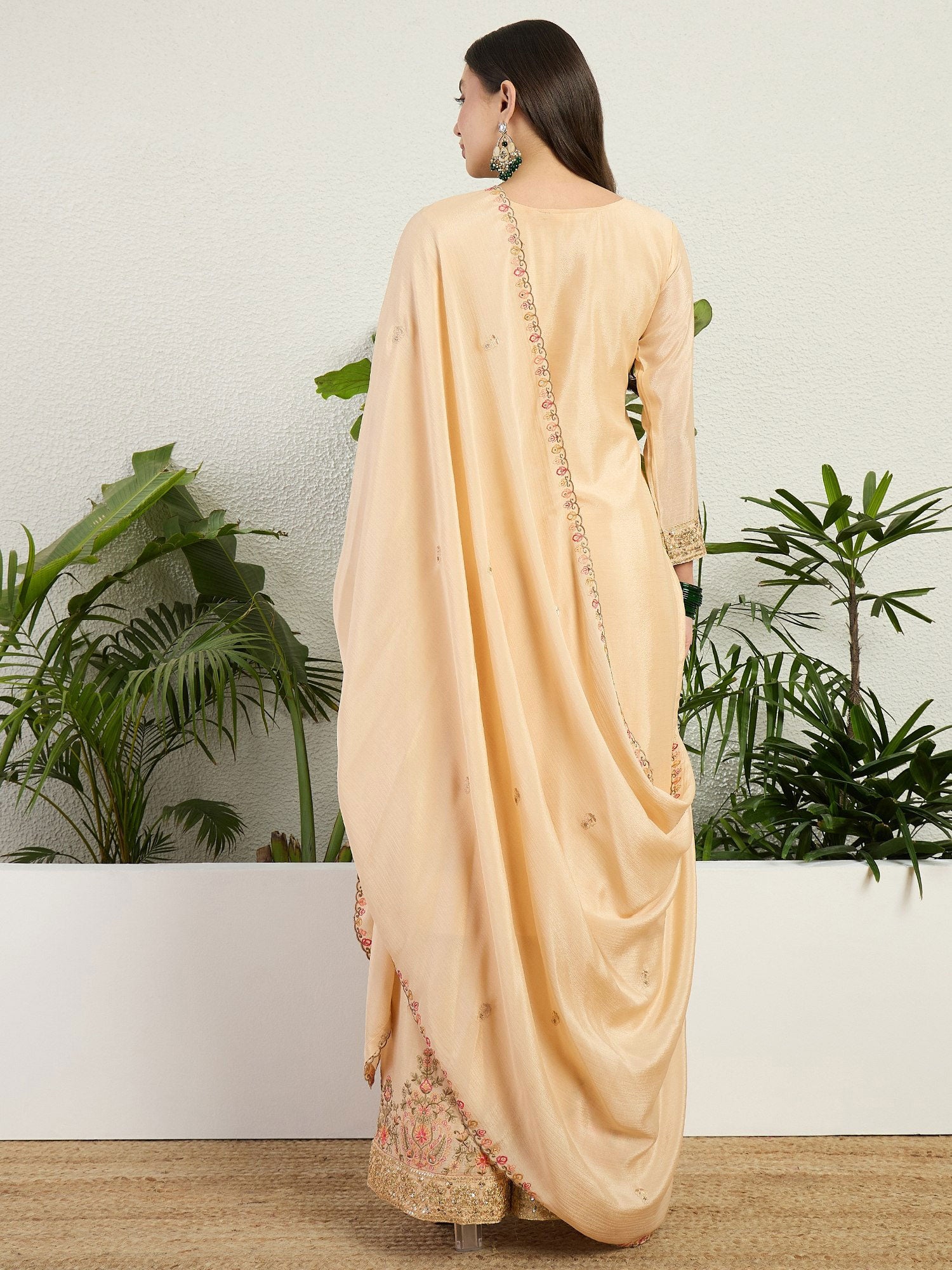 Ivory Cream Floral Thread Work Palazzo Suit Set