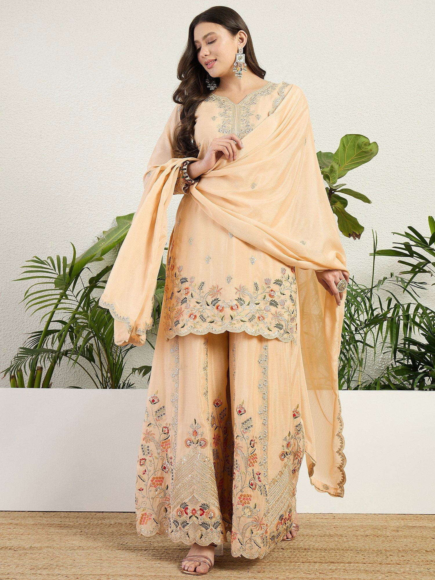 Ivory Cream Floral Thread Work Palazzo Suit Set