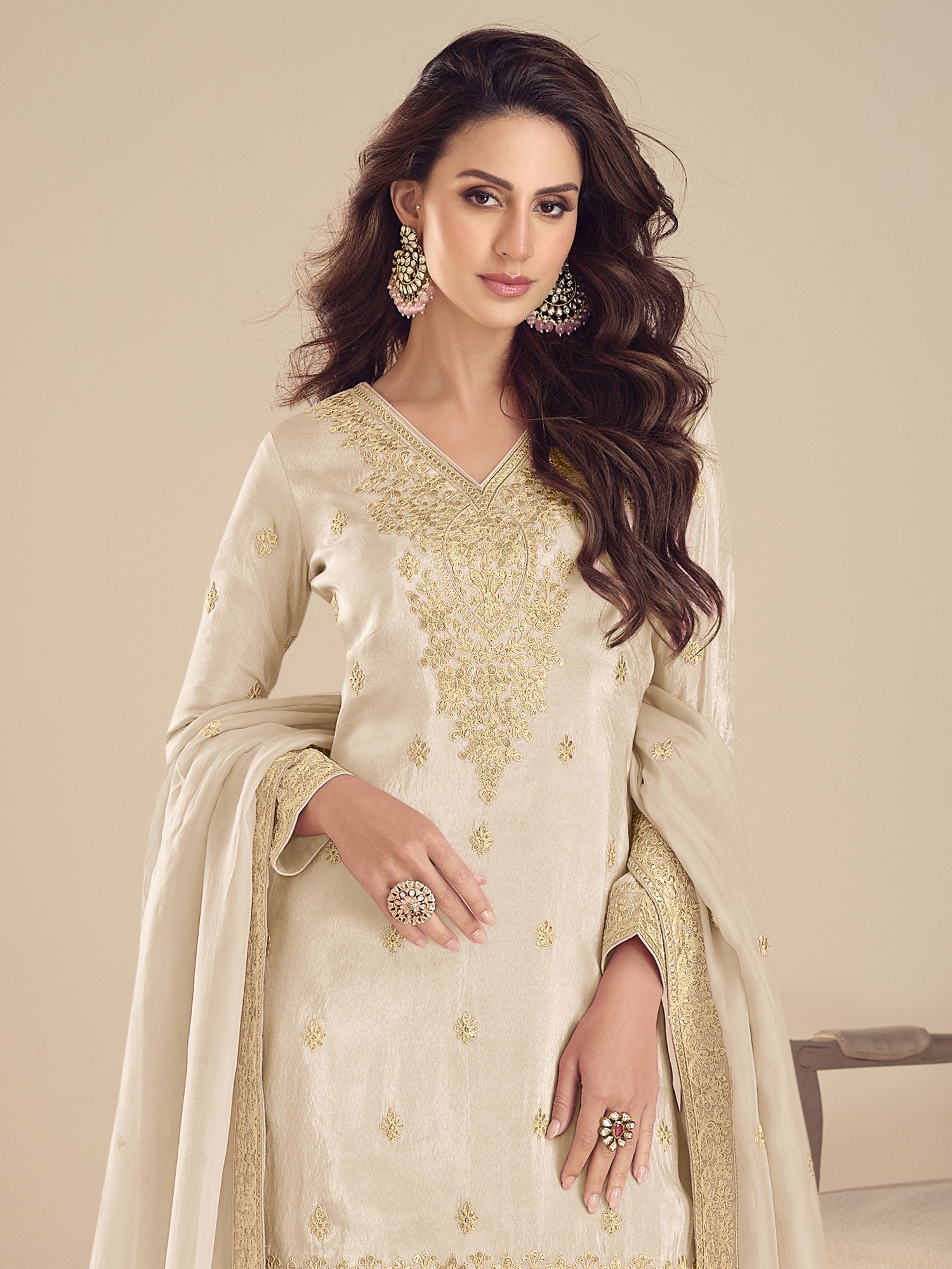 Cream Heavy Embroidered Silk Palazzo Suit