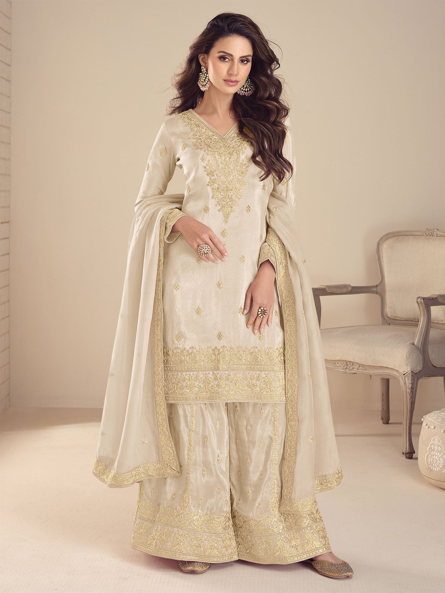 Cream Heavy Embroidered Silk Palazzo Suit