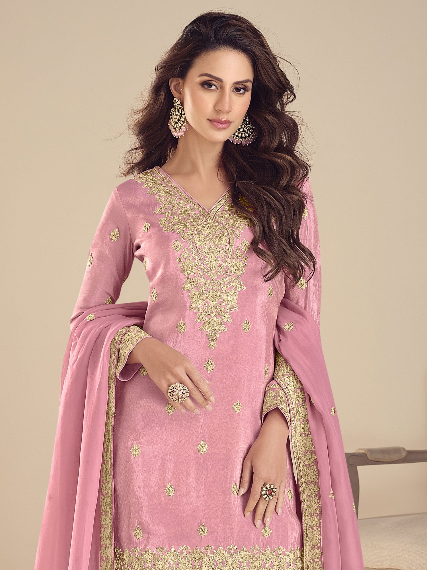 Pink Zari Embellished Salwar Kameez In Silk