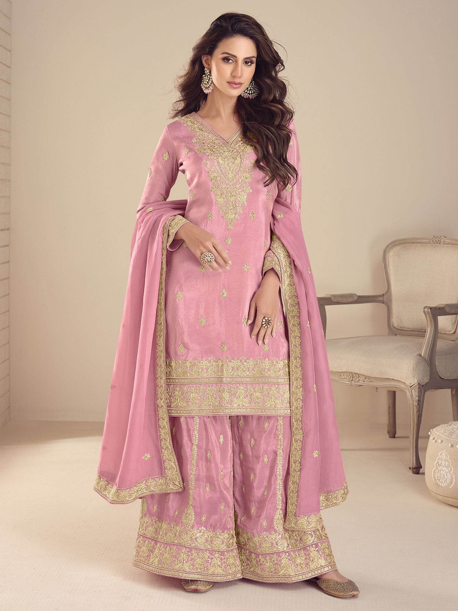 Pink Zari Embellished Salwar Kameez In Silk