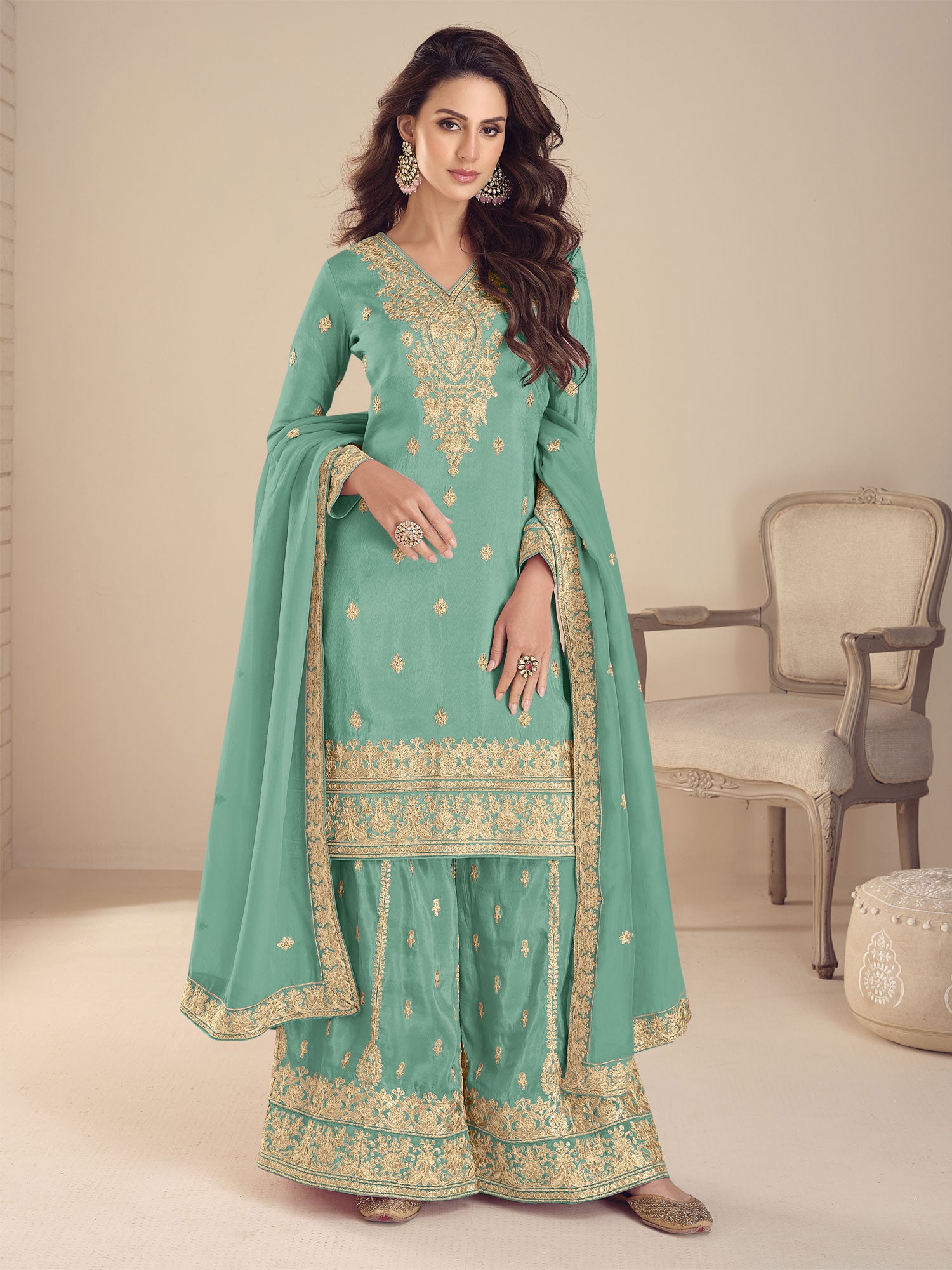 Rama Green Silk Salwar Suit With Dupatta