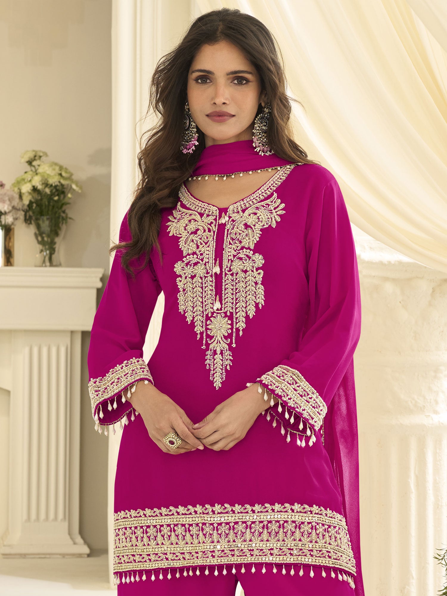 Rani Pink Embroidered Sharara Style Salwar Suit